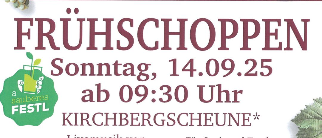 Plakat für die Veranstaltung Kirchbergscheune am 13.09.25 um 17:00 Uhr mit Livemusik von Weixi und Tombola. Eine weitere Veranstaltung am 14.09.25 um 09:30 Uhr ebenfalls in Kirchbergscheune, mit Livemusik von Blasmusik Rosalia, Essen und Getränke sowie einem Wurst- und Weinfest.
