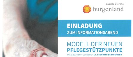 Einladung zum Informationsabend über neue Pflegestützpunkte, am 5. November 2025 im Gasthof Schmalzl in Eisenstädter Strasse 13, 2485 Wimpassing an der Leitha, ab 18:00 Uhr. Gastredner ist Leonhard Schneemann, ein Bezirksrat.
