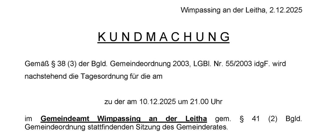 Ein offizielles Dokument mit dem Titel 'Wimpasing an der Leitha' vom 2.12.2025. Es listet eine Sitzung des Gemeinderats am 10.12.2025 um 21:00 Uhr auf. Die Tagesordnung umfasst Vertragsüberprüfung, Immobilienmiete, Wasserversorgung, Stromversorgung, Prüfungsausschussbericht und allgemeine Punkte. Die Unterschrift des Bürgermeisters ist vorhanden.