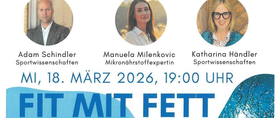 Plakat für einen Gesundheitsvortrag am 18. März 2026 um 19:00 Uhr. Themen sind Fettmythen, Zellgesundheit, Nahrungsergänzungsmittel und Lösungen für den Alltag. Fragerunde. Veranstaltung im Gemeindesaal in Wimpassing.