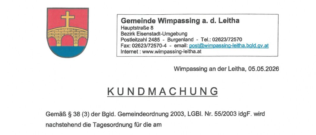 Amtliche Bekanntmachung für eine Sitzung im Gemeindeamt Wimpasssing an der Leitha, 05.05.2026. Tagesordnung umfasst Darlehen Kläranlage, Kaufvertrag Sowo, Verkauf MTF FF und mehr. Unterzeichnet von Ernst Edelmann.