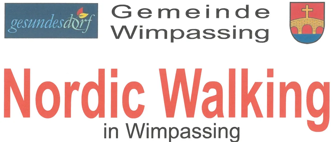 Ein Plakat, das Nordic Walking in Wimpassing, Österreich, ankündigt. Es zeigt ein Logo, eine Karte und zwei Cartoon-Figuren, die mit Skistöcken laufen.