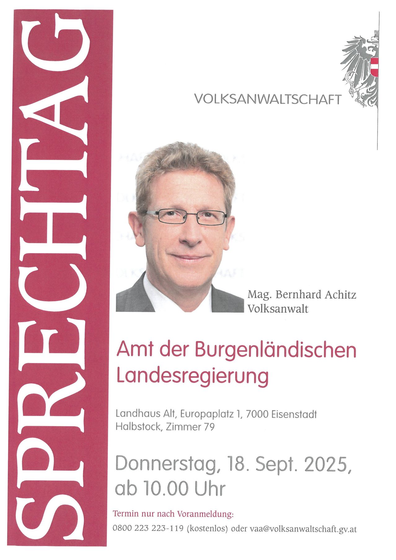 Poster for Prechata event. Features a photo of Bernhard Achitz, a city council member, with the event details and location.