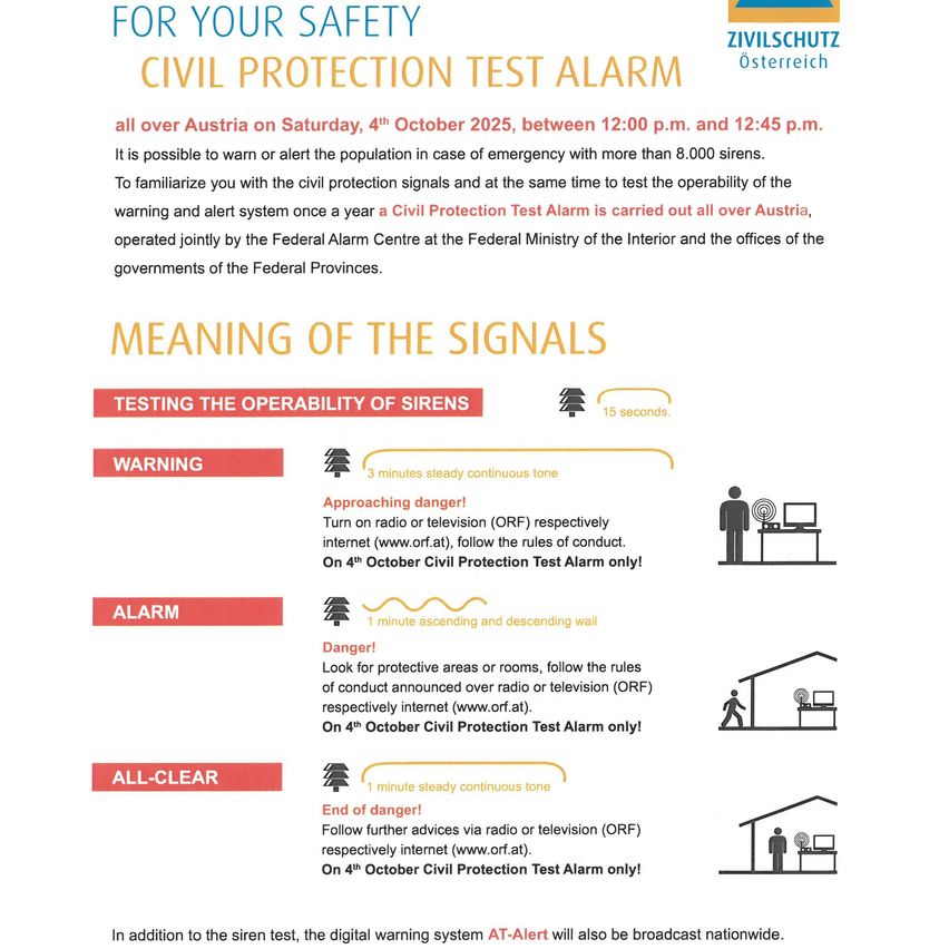 A civil protection test alarm across Austria on October 4, 2025, between 12:00 and 12:45 p.m. Sirens warn or alert the population in emergencies. A test of the warning system is conducted annually.