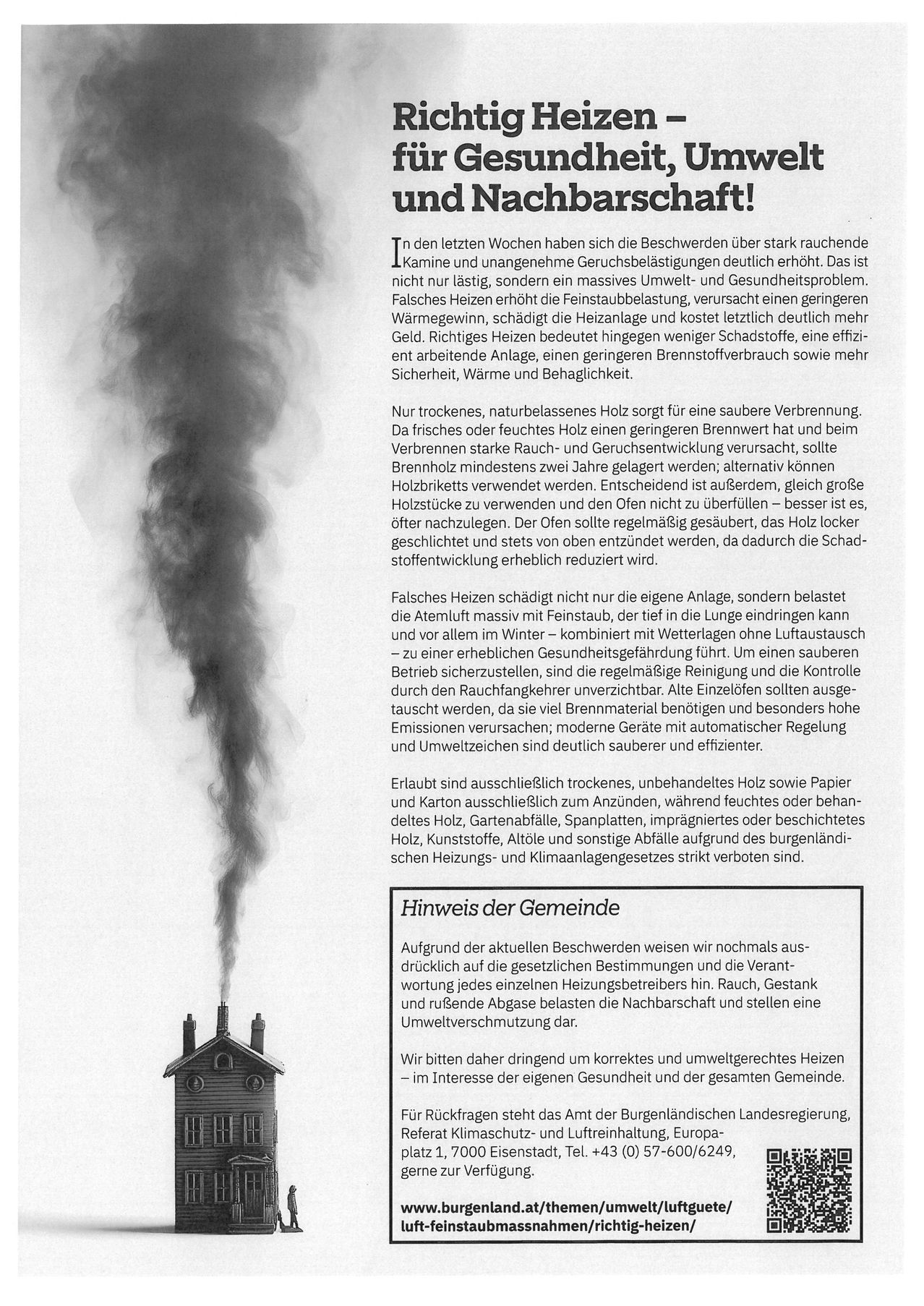 Ein Bild zeigt einen Schornstein, der über einem Haus Rauch abgibt. Es enthält einen Hinweis zu Beschwerden über übermäßigen Rauch und Lärm. Es erklärt die schädlichen Auswirkungen falscher Schornsteine und empfiehlt die Verwendung von geeignetem Holz zum Heizen. Es rät auch davon ab, unzulässige Materialien zum Heizen zu verwenden und erwähnt ein Verbot des Verbrennens bestimmter Materialien.