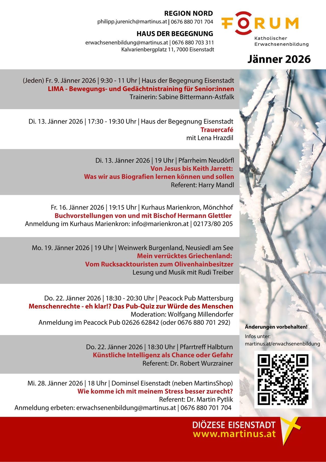 Veranstaltungsplakate mit verschiedenen Terminen, einschließlich LIMA-Bewegungstraining, Trauecafe mit Lena Hrazdil und Präsentationen zu Biografien. Zeitpläne für Januar 2026 umfassen Aktivitäten an verschiedenen Orten.