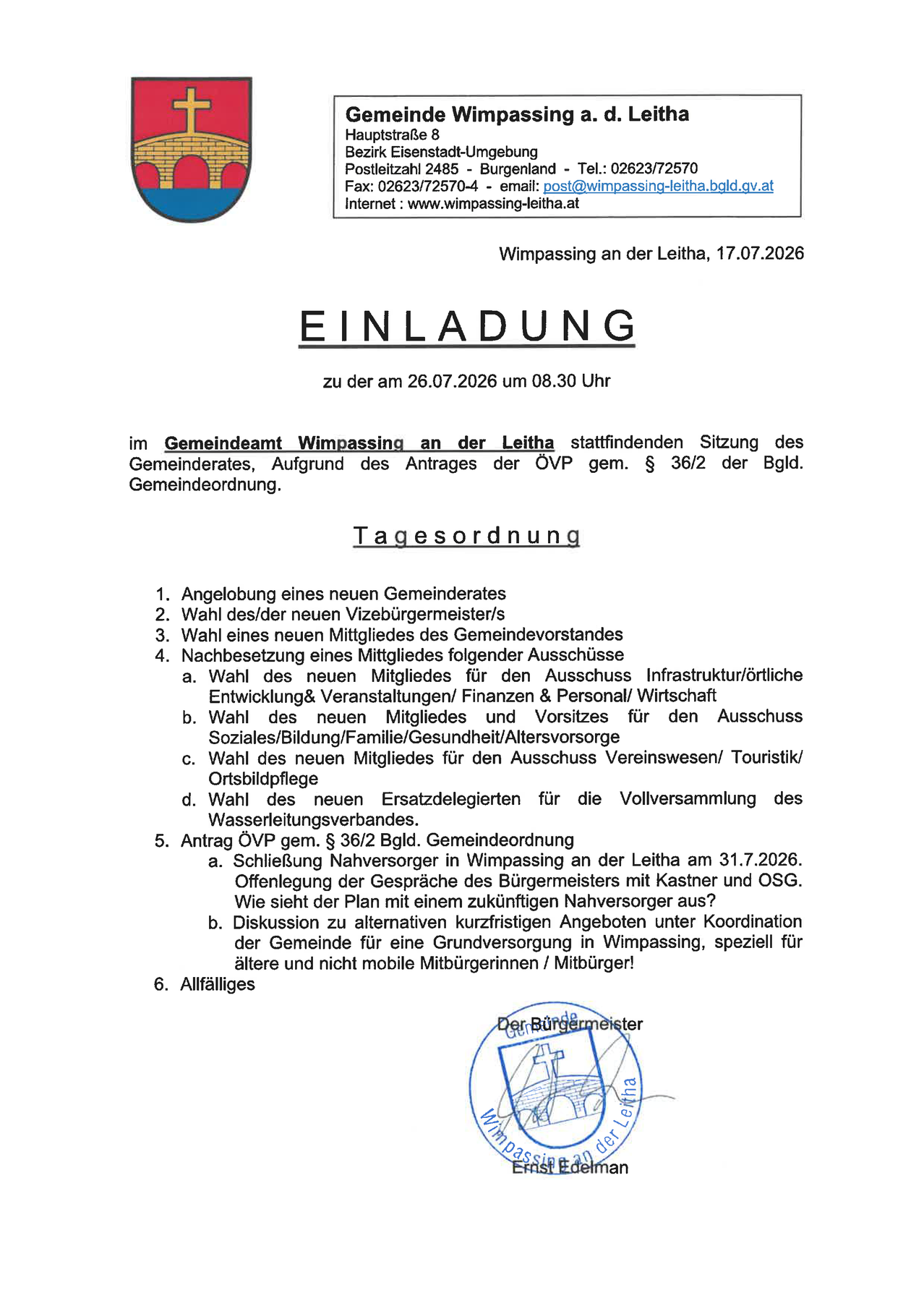An invitation to a council meeting in Wimpassing an der Leitha on July 26, 2026, at 8:30 PM. The agenda includes the proposal of a new council member, election of a new mayor, and discussions on various topics.