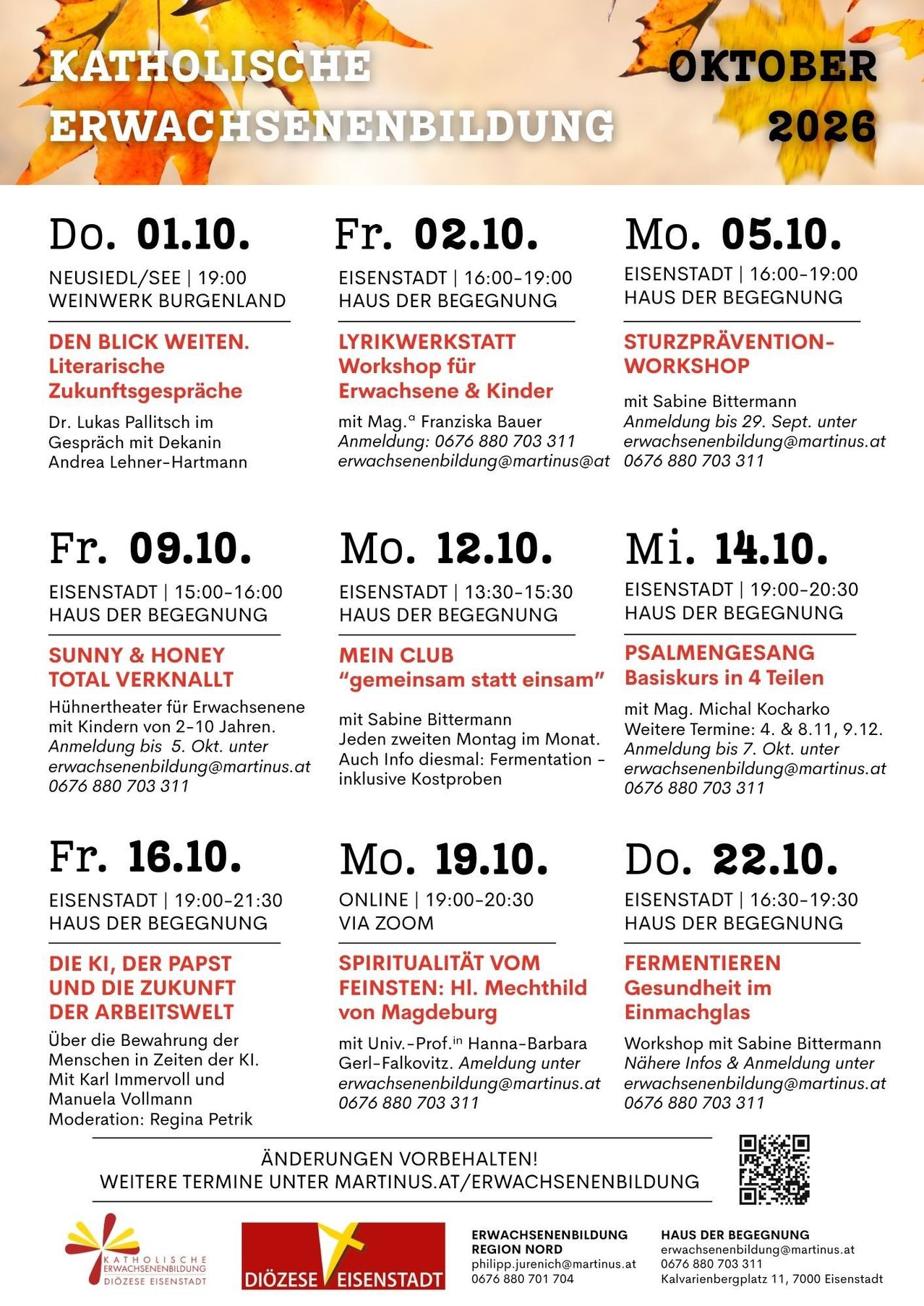 Ein Plakat mit einem Zeitplan von Veranstaltungen in Eisenstadt, einschließlich Workshops, Vorträge und spirituelle Aktivitäten. Daten und Zeiten sind für jedes Ereignis aufgeführt.