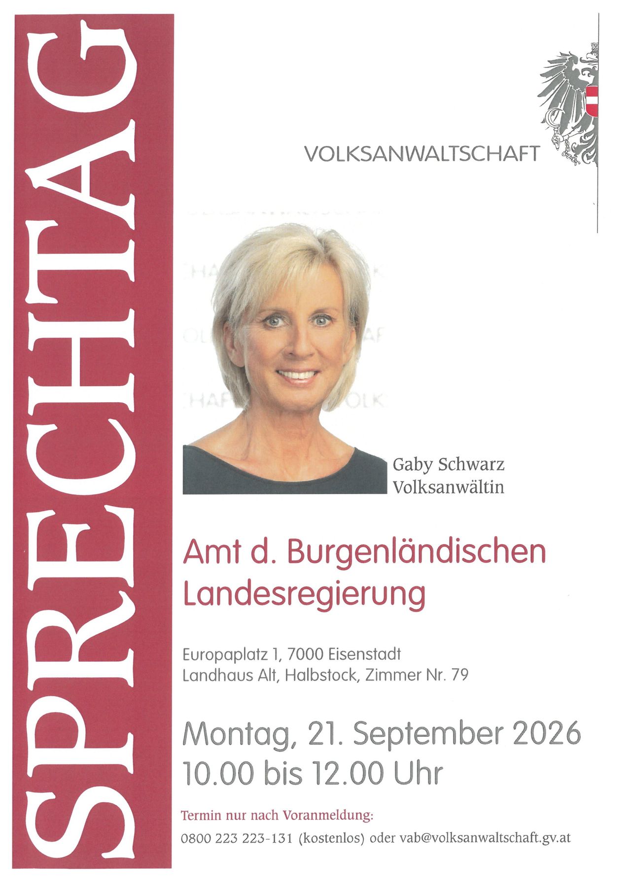 Plakat für eine Veranstaltung mit Gaby Schwarz, einer Volksanwaltin, mit dem Datum 21. September 2026. Das Plakat enthält ein Foto von Gaby und Details zur Veranstaltungsort.