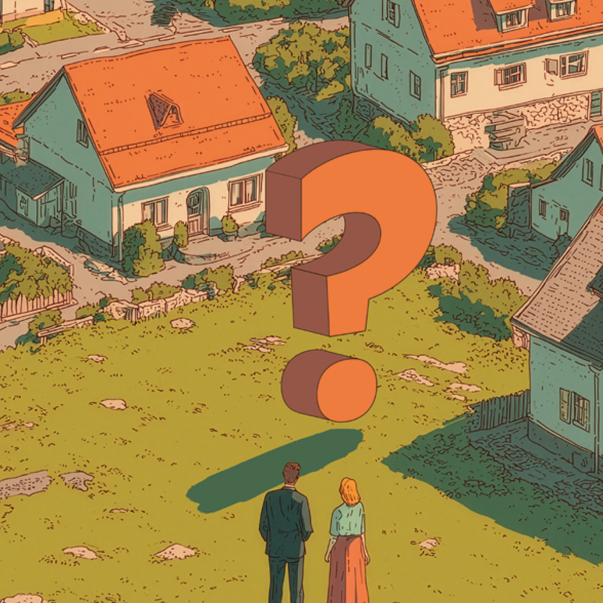 An illustration shows a couple standing in a field with a large question mark, surrounded by houses.