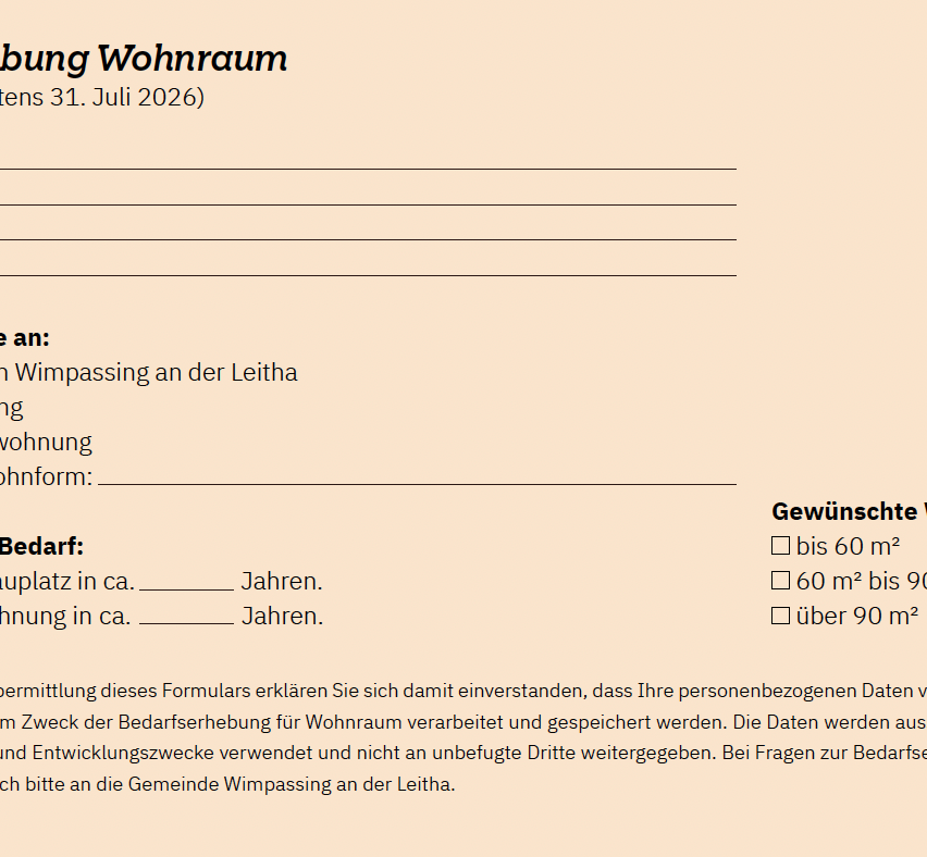 A form for applying for a living space in Wimpassing on the Leitha River, dated July 31, 2026. It asks for personal information, space requirements, and preferences for living arrangements. It mentions data handling and privacy.
