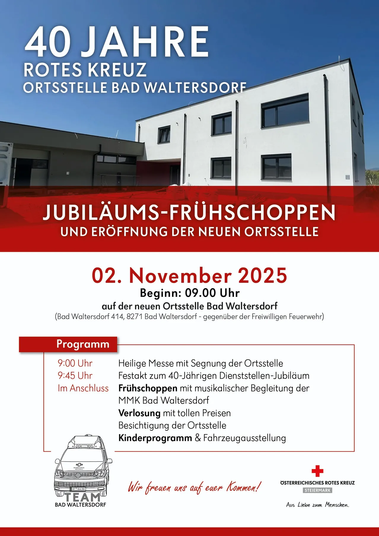 Ein Veranstaltungsposter kündigt das Jubiläums-Frühstück und die Eröffnung eines neuen Standorts in Bad Waltersdorf an. Die Veranstaltung ist für den 2. November 2025 geplant, Beginn 09:00 Uhr. Es beinhaltet einen Gottesdienst, eine 40-jährige Dienstjubiläumsfeier, ein Frühstück mit musikalischer Begleitung, eine Führung durch den Standort, ein Kinderprogramm und eine Fahrzeugausstellung.