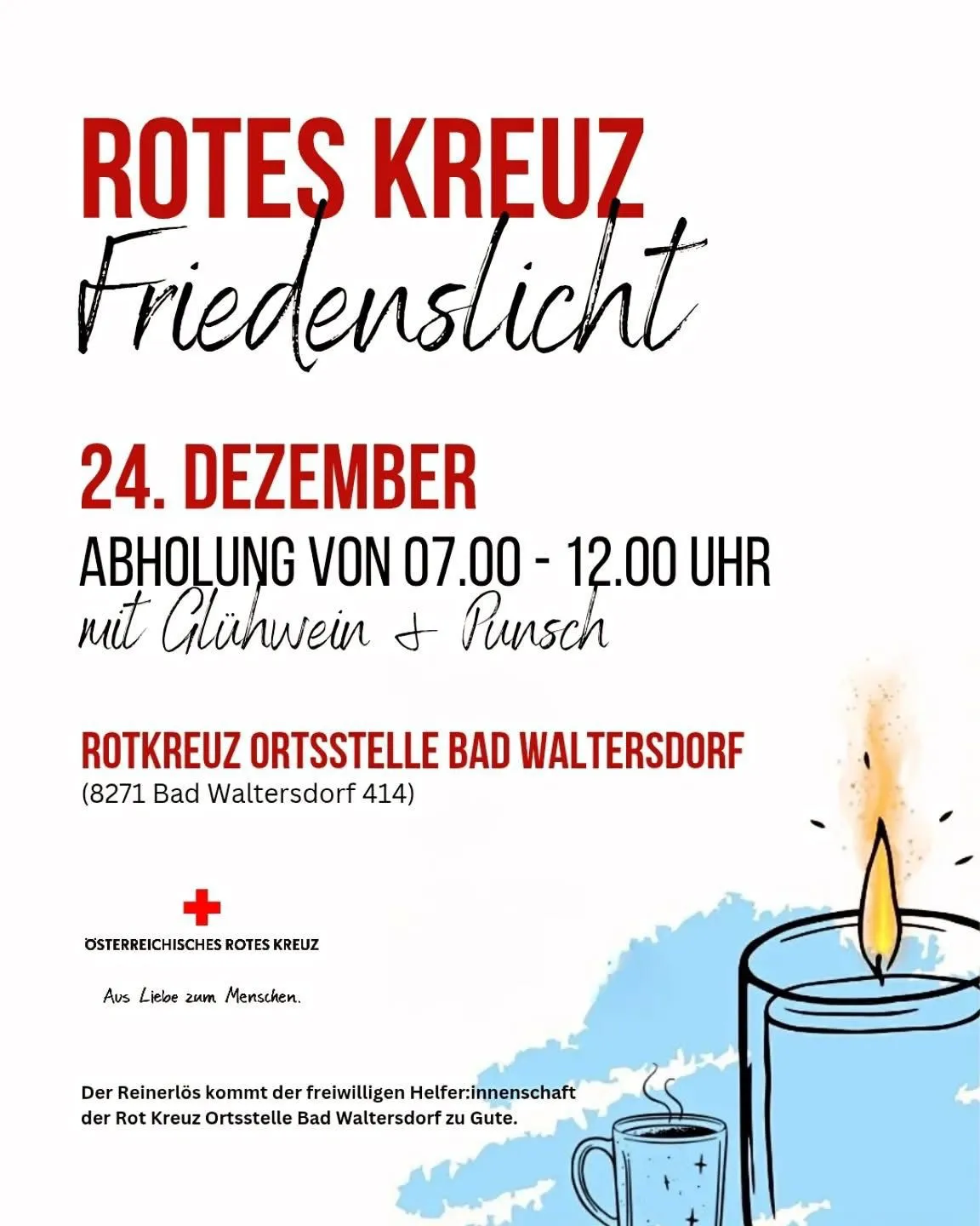 Ein Plakat des Roten Kreuzes in Bad Waltersdorf, Österreich, kündigt eine Sammlung am 24. Dezember von 7 Uhr bis 12 Uhr mit Wein und Punsch an. Es enthält das Rote-Kreuz-Logo und Kontaktdaten.