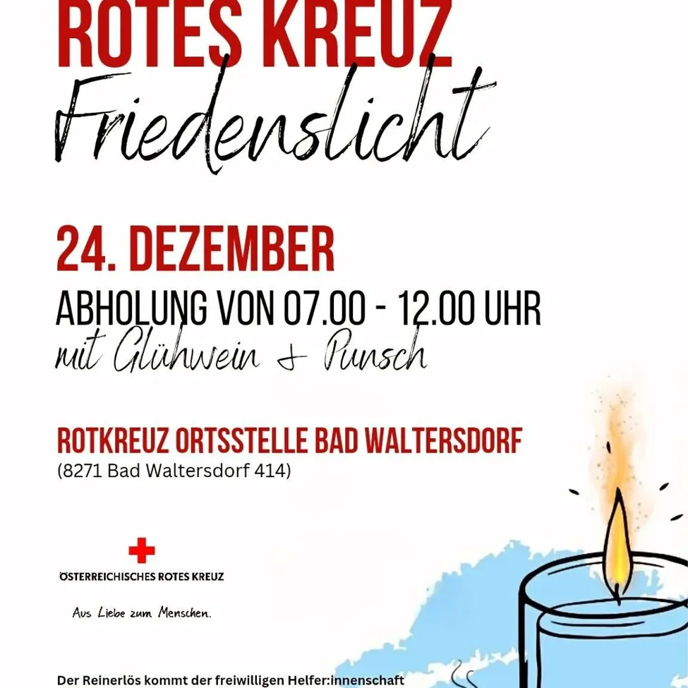 Ein Plakat des Roten Kreuzes in Bad Waltersdorf, Österreich, kündigt eine Sammlung am 24. Dezember von 7 Uhr bis 12 Uhr mit Wein und Punsch an. Es enthält das Rote-Kreuz-Logo und Kontaktdaten.