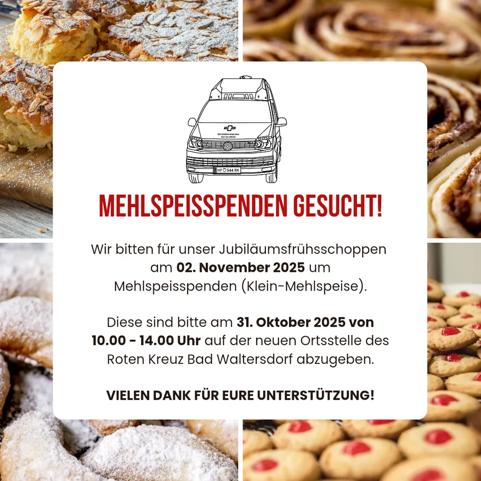Werbeplakat für das Jubiläumsfrühstück am 02. November 2025. Mehlgeldspenden werden gesucht. Spenden werden am 31. Oktober 2025 von 10:00 bis 14:00 Uhr am neuen Standort des Roten Kreuzes in Bad Waltersdorf entgegengenommen. Vielen Dank für Ihre Unterstützung.
