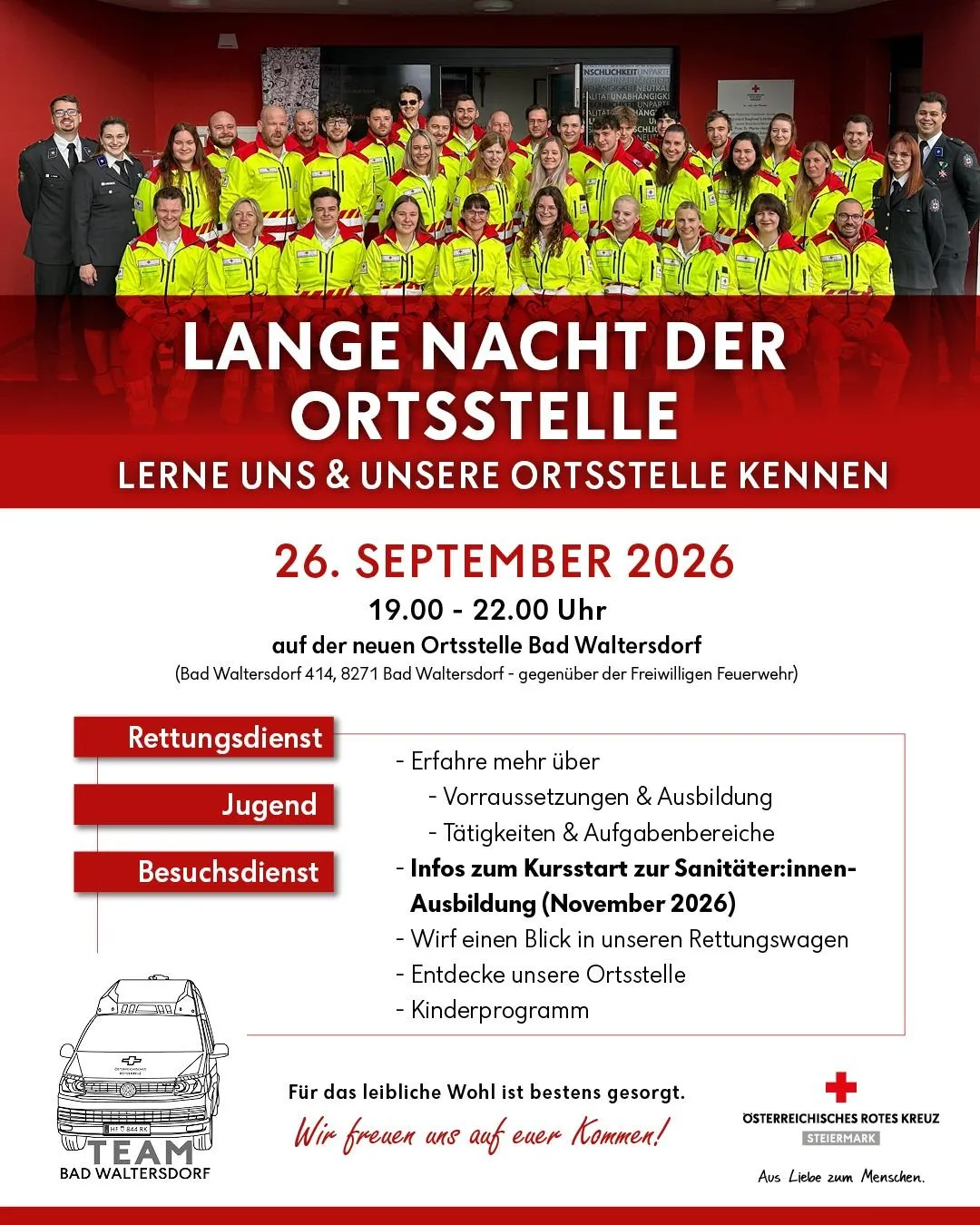 Plakat für die Lange Nacht der Ortsstelle Veranstaltung am 26. September 2026, mit einer Gruppe von Feuerwehrleuten in gelben Uniformen und Informationen über die Veranstaltung und Aktivitäten.