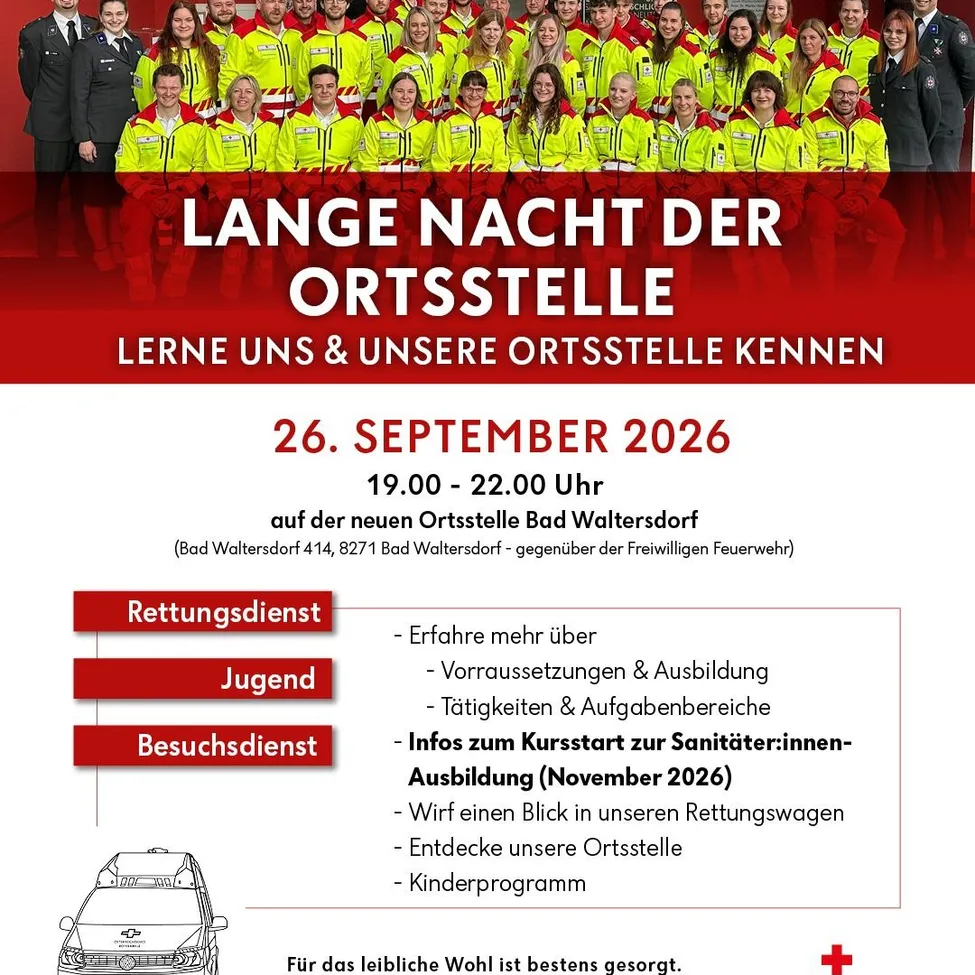 Plakat für die Lange Nacht der Ortsstelle Veranstaltung am 26. September 2026, mit einer Gruppe von Feuerwehrleuten in gelben Uniformen und Informationen über die Veranstaltung und Aktivitäten.