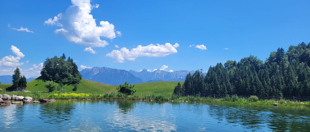 Ein ruhiger See mit grünen Hügeln und Bergen unter einem blauen Himmel mit verstreuten Wolken. Bäume säumen den Vordergrund.