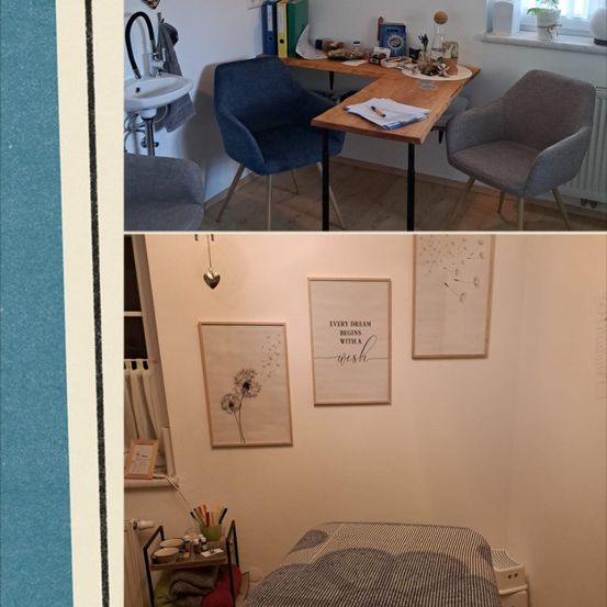 Zwei Bilder eines Zimmers. Das obere Bild zeigt einen Schreibtisch mit Stift und Papier, Stühle, einen Heizkörper und ein Waschbecken. Das untere Bild zeigt ein Bett, gerahmte Bilder und einen Heizkörper.