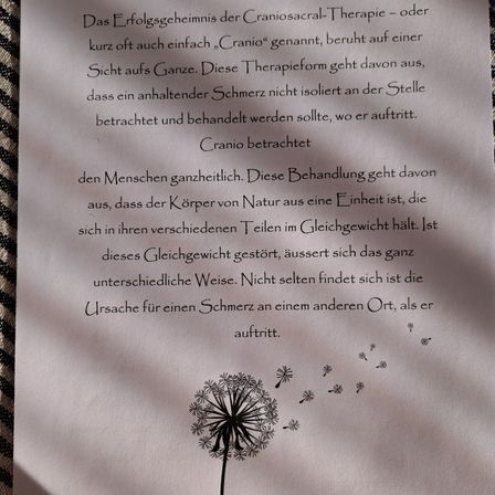 Ein Text über die craniosakrale Therapie beschreibt ihren Ansatz zur Behandlung von Schmerzen, indem der Körper als Ganzes betrachtet wird. Es betont, dass Ungleichgewichte im Körper zu Schmerzen an anderen Stellen führen können.