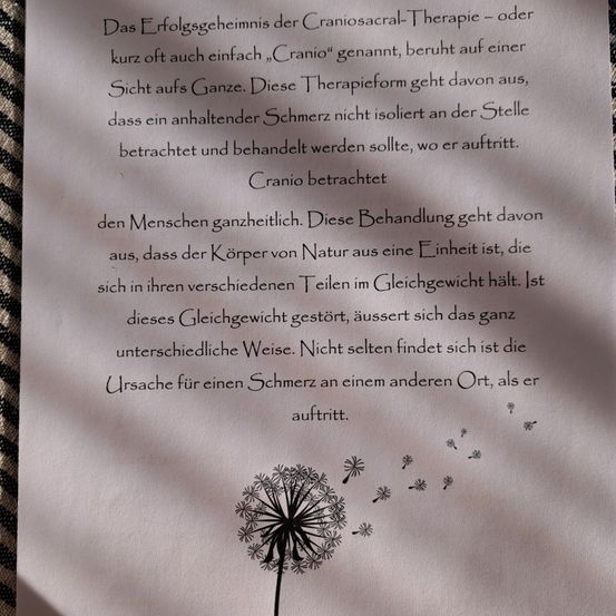 Ein Text über die craniosakrale Therapie beschreibt ihren Ansatz zur Behandlung von Schmerzen, indem der Körper als Ganzes betrachtet wird. Es betont, dass Ungleichgewichte im Körper zu Schmerzen an anderen Stellen führen können.