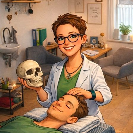 Eine Ärztin hält einen Schädel in der Hand, während sie lächelt und einen männlichen Patienten untersucht, der auf einem Tisch liegt. Der Raum ist mit medizinischen Geräten und einem Waschbecken ausgestattet.