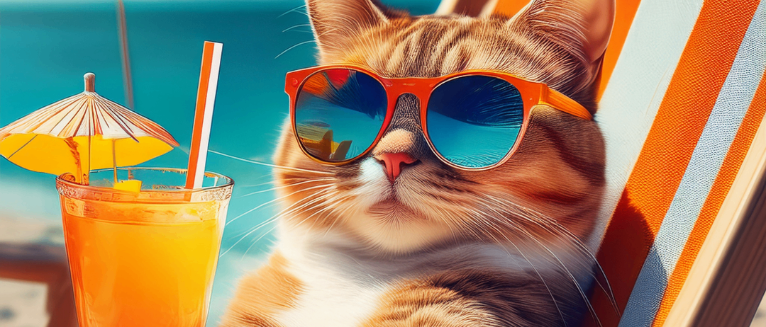 Eine Katze mit Sonnenbrille entspannt sich auf einem Strandstuhl mit einem Getränk, in der Nähe eines Schirms und des Ozeans.