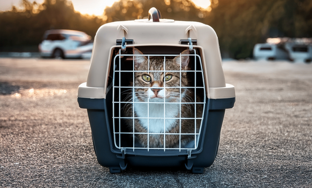 Bild einer Katze in der Transportbox auf einem Parkplatz