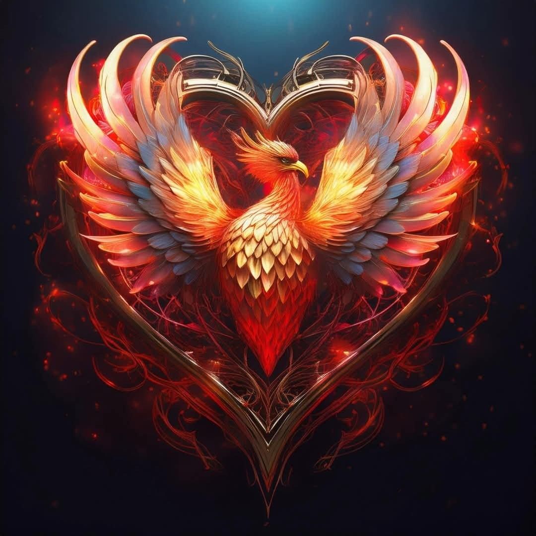 Ein Phoenix mit leuchtend roten und goldenen Federn steht in einem stilisierten Herz und strahlt ein feuriges Leuchten aus.