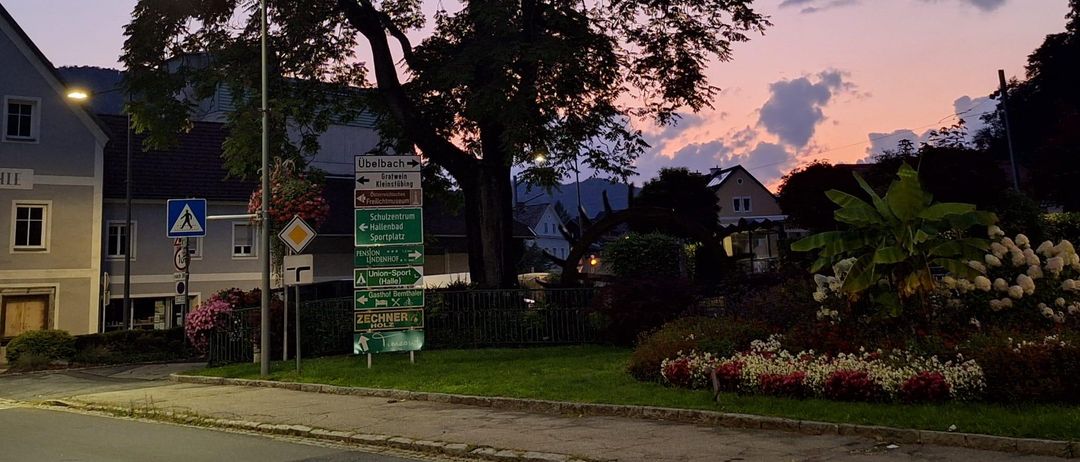 Eine Stadtstraße bei Sonnenuntergang mit einem großen Baum, Straßenlaternen und Schildern. Ein Gebäude mit schwarzem Dach und weißen Wänden ist sichtbar. Der Himmel ist orange und pink, und Berge sind in der Ferne.