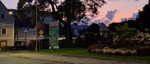Eine Stadtstraße bei Sonnenuntergang mit einem großen Baum, Straßenlaternen und Schildern. Ein Gebäude mit schwarzem Dach und weißen Wänden ist sichtbar. Der Himmel ist orange und pink, und Berge sind in der Ferne.