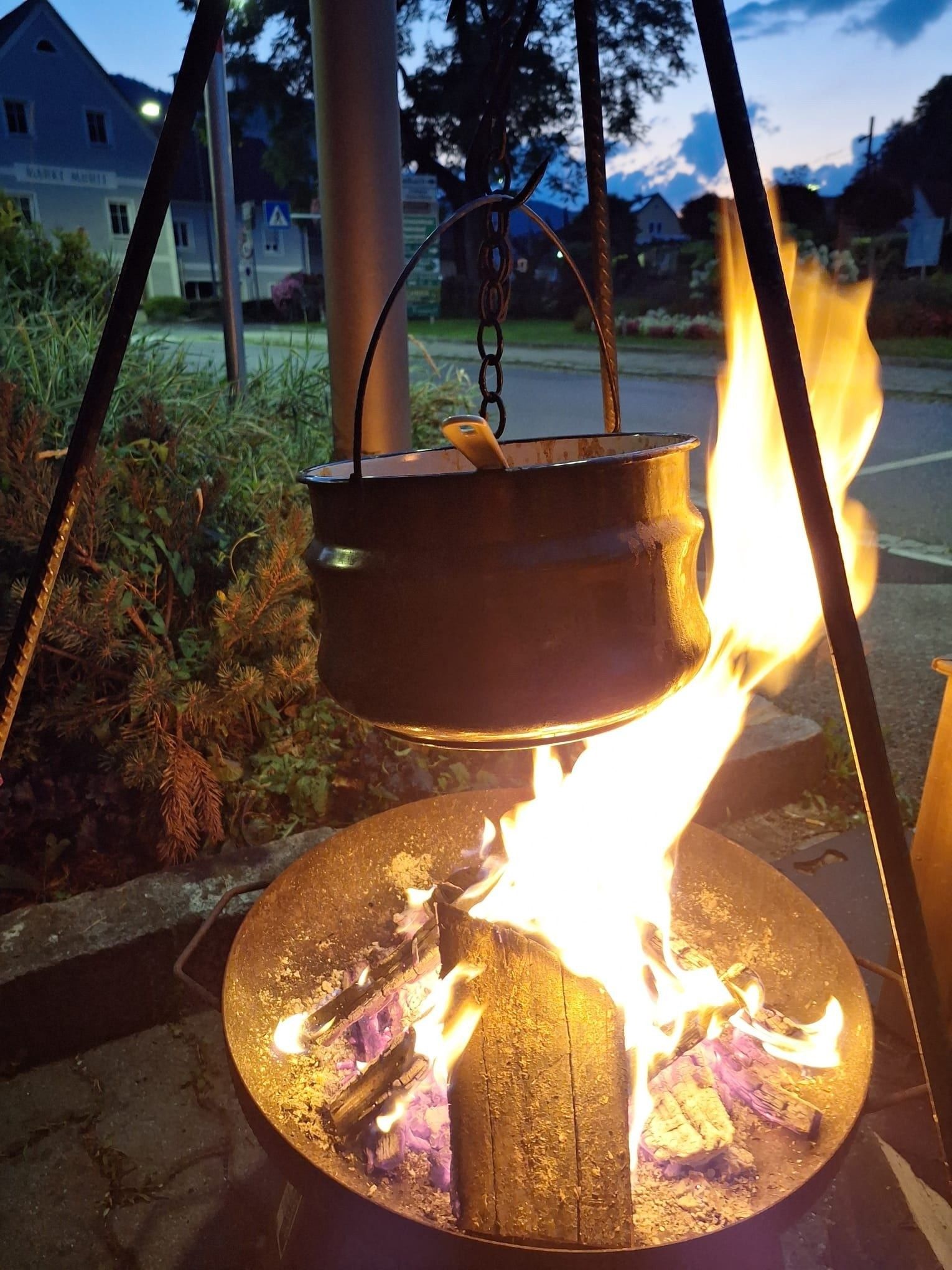 Ein schwarzer Topf hängt über einem Feuerkorb, wobei Flammen den Topf und das Holz darunter umschließen. Die Szene spielt im Freien, mit viel Grün und einem Gebäude im Hintergrund.