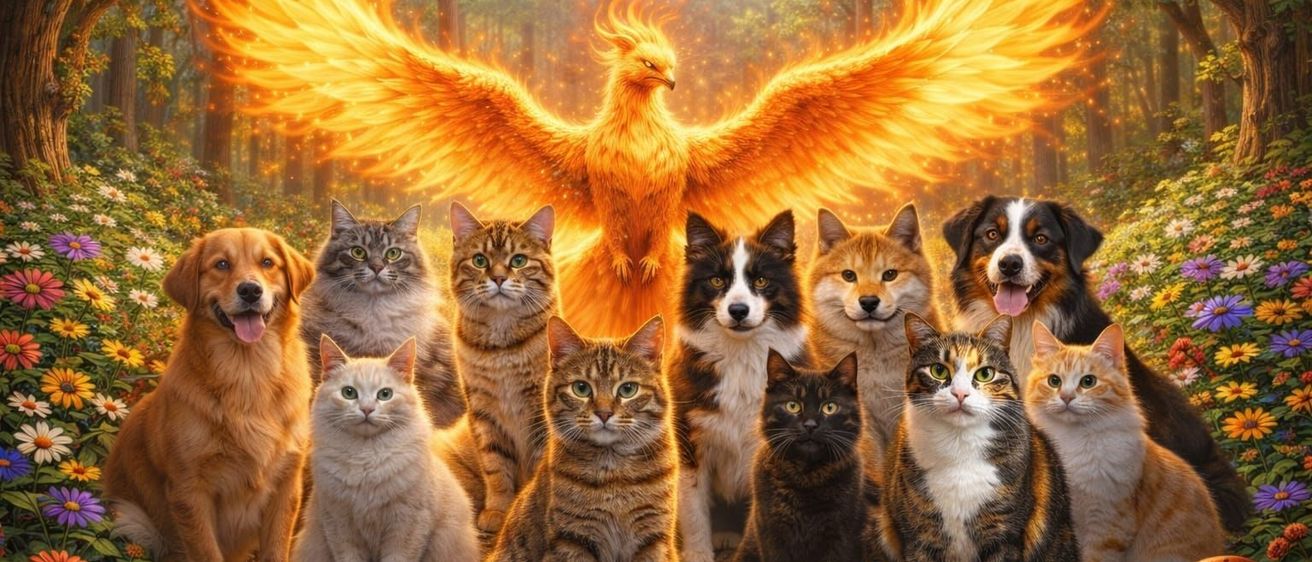 Ein leuchtender Phönix erhebt sich über eine Gruppe verschiedener Katzen und Hunde vor einem Waldhintergrund.