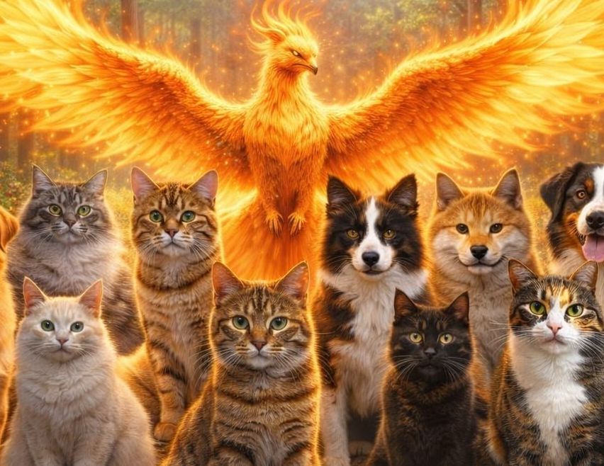 Ein leuchtender Phönix erhebt sich über eine Gruppe verschiedener Katzen und Hunde vor einem Waldhintergrund.