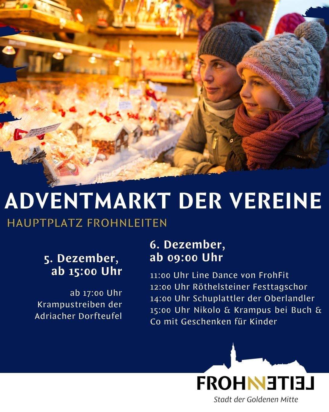 Ein Plakat für den Adventmarkt der Vereine auf dem Hauptplatz von Frohnleiten. Es beinhaltet Aktivitäten wie Krampuszüge und Nikolaus & Krampus bei Buch & Co mit Geschenken für Kinder.