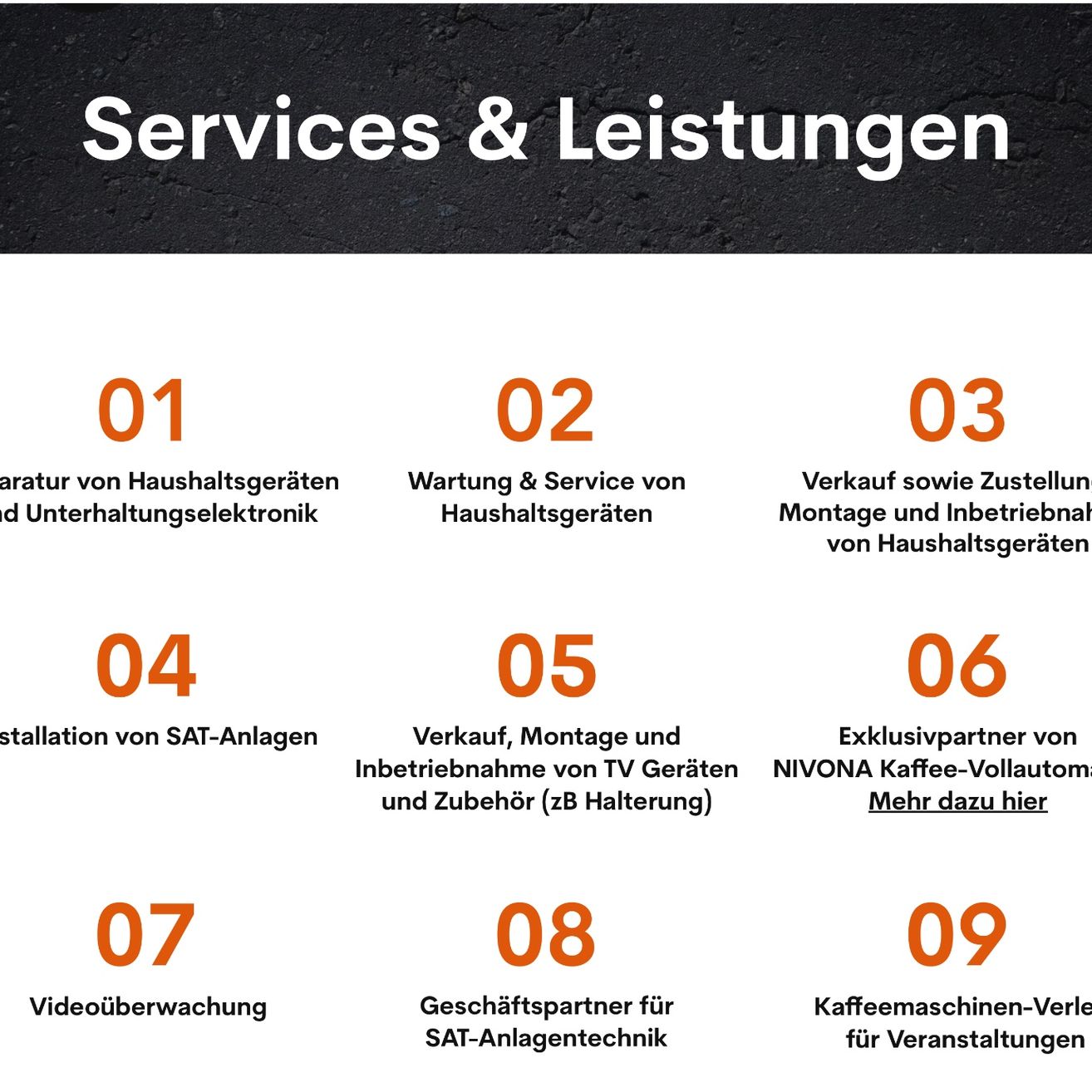 Ein Poster zeigt Dienstleistungen und Funktionen, einschließlich Installation und Wartung von Haushaltsgeräten, Verkauf und Installation von Haushaltsgeräten, exklusiver Partner von NIVONA Kaffeemaschinen, Installation von SAT-Systemen, Verkauf, Installation und Wartung von TV-Geräten, Videoüberwachung, Geschäftspartner für SAT-Systemtechnik und Kaffeemaschinenverleih für Veranstaltungen.