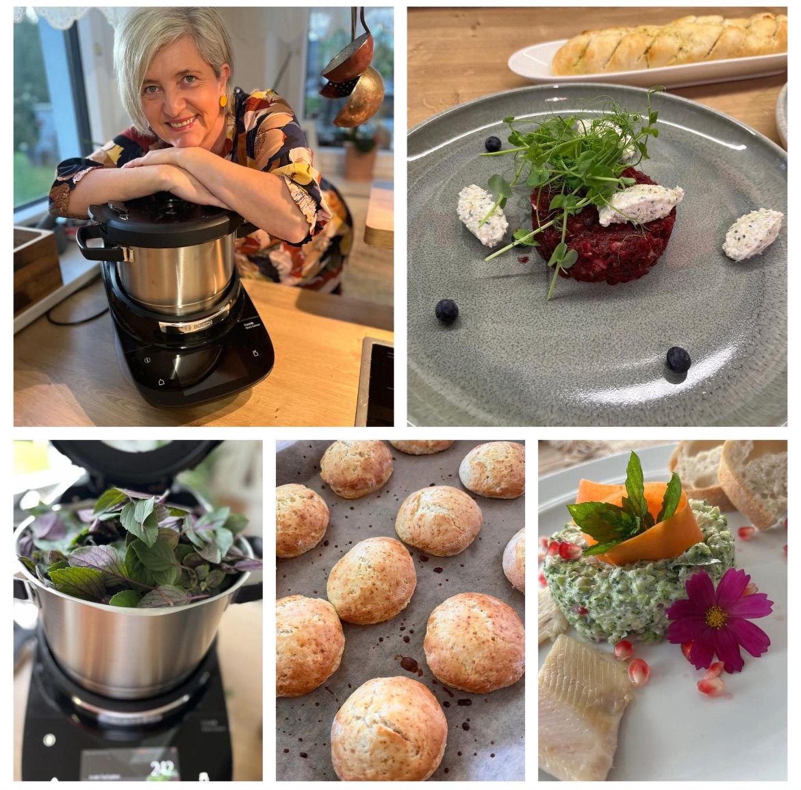 Eine Collage von Bildern mit einer Frau mit einem Schnellkochtopf, einem Gericht mit Rotkohl, Brot und Gebäck auf Tabletts und einem Gericht mit Granatapfel und Blume.
