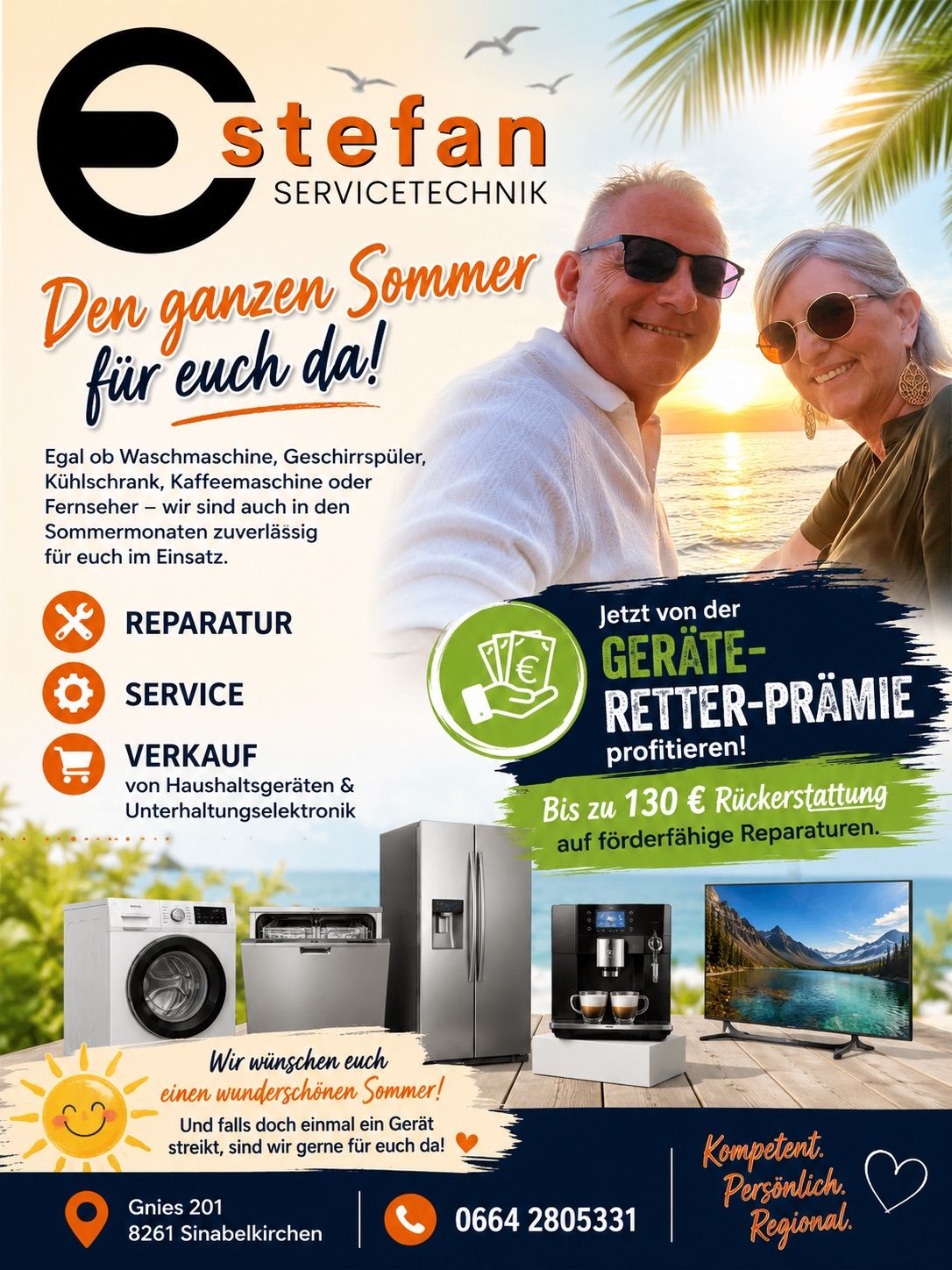 An advertisement for a service technician company offering repair, service, and sales of household appliances during the summer. The ad features a couple on a beach with various appliances in the background.