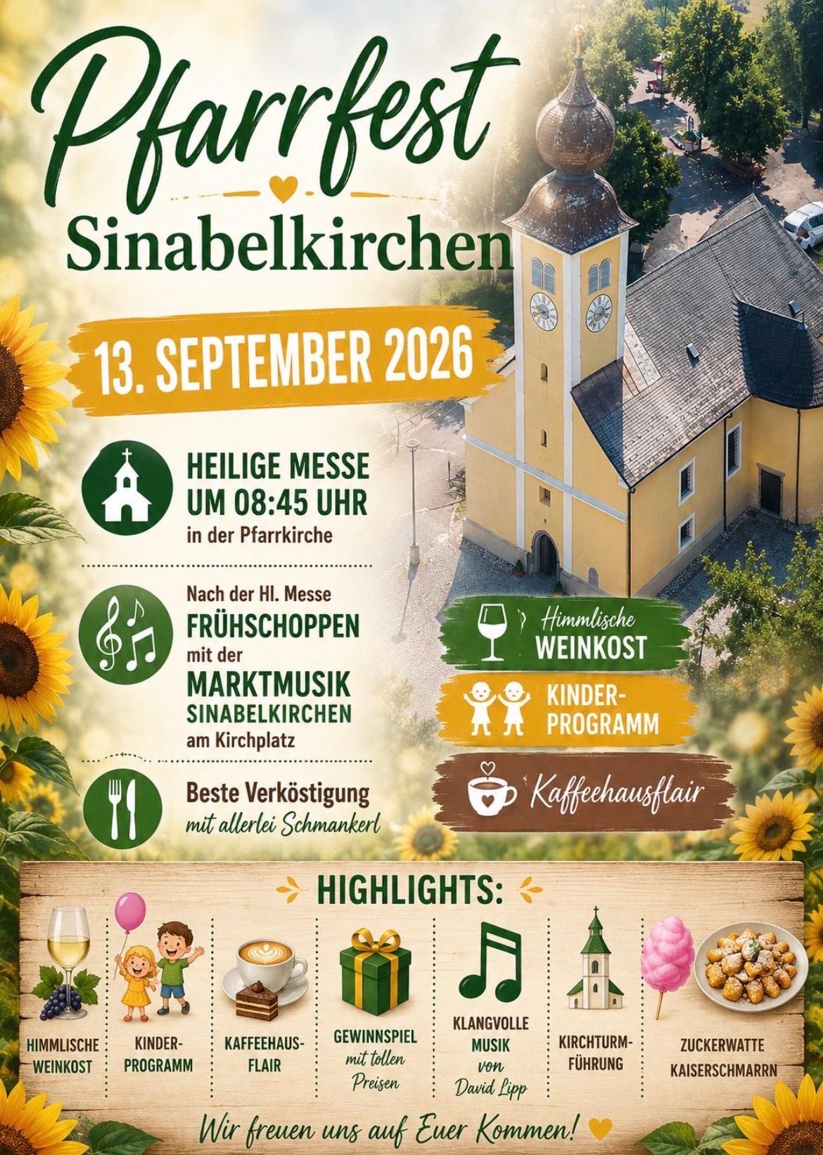 Poster for the Sinabelkirchen event on September 13, 2026, featuring a church, sunflowers, and various activities.