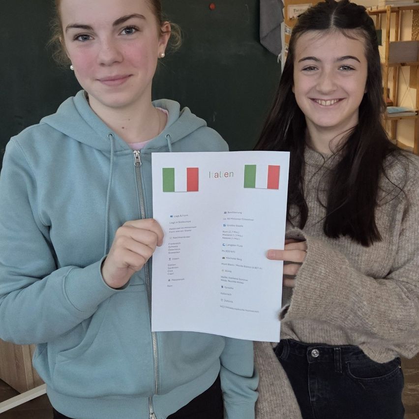 Two young women stand indoors, smiling, holding a white paper with 'Italien' in Italian flag colors. The woman on the left wears a blue hoodie, the other a gray cardigan. Behind them is a blackboard and a wooden shelf.