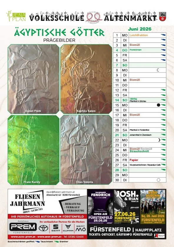 Das Bild zeigt einen Kalender für Juni 2026 mit markierten Terminen, Namen von Personen und Bildern von Statuen. Es enthält einen Zeitplan für Aktivitäten wie Biomüll und Johannisfest in Obersbach. Werbung für Fliesen Jahrmann und eine Open-Air-Veranstaltung in Fürstenfeld ist ebenfalls vorhanden.
