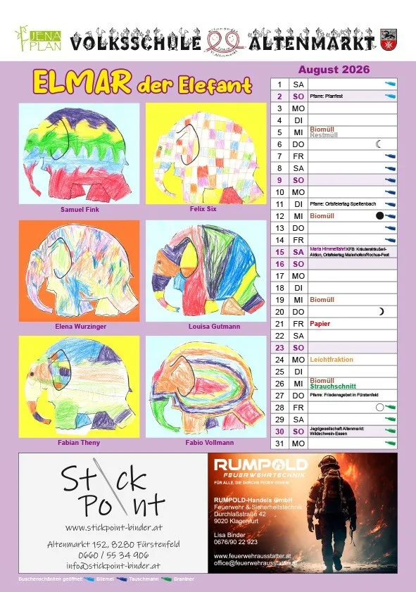 Plakat mit einer bunten Elefantenzeichnung von Kindern, einem Zeitplan für August 2026, einschließlich freien Tagen und Aktivitäten wie Biomull, Papier und Streichaktion. Eine Werbung für Rumpold Feuer-Wassertechnik GmbH ist ebenfalls vorhanden.