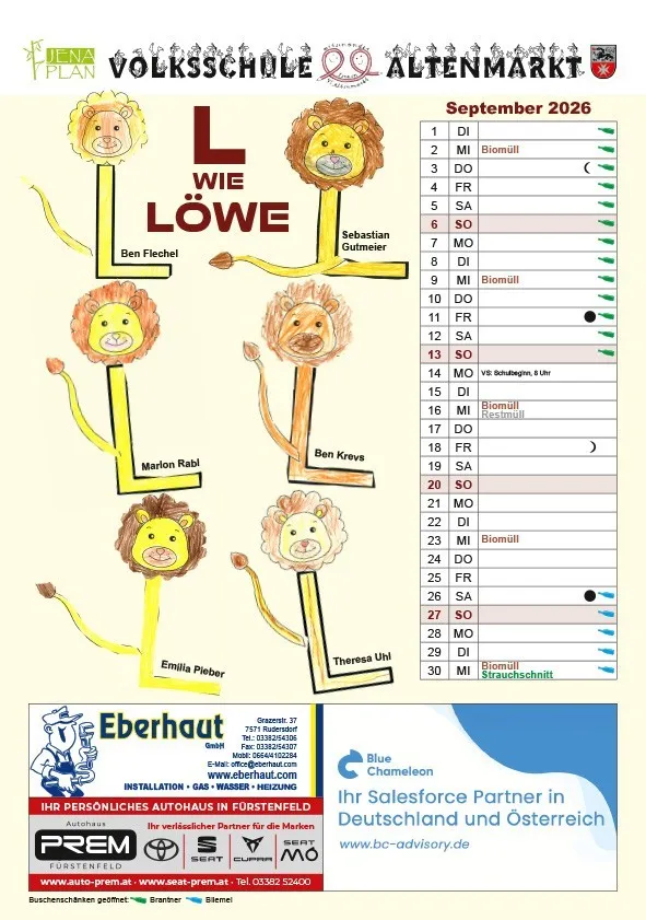 Ein Bild eines Klassenplans für September 2026, mit handgezeichneten Löwen, die den Buchstaben L bilden. Unter dem Zeitplan befinden sich Logos und Werbung für Eberhaut, Blue Chameleon und PREM.