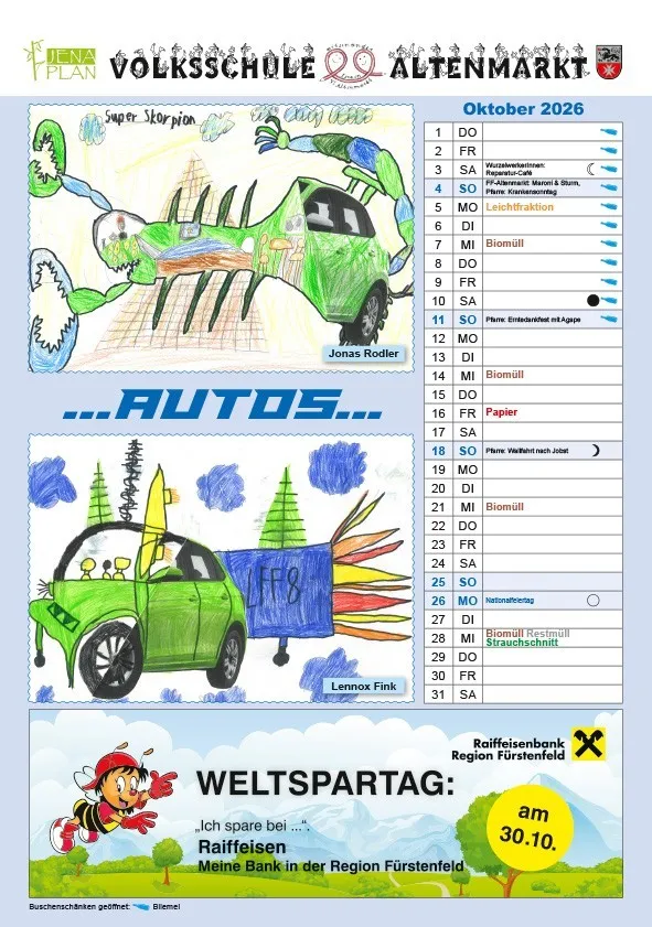 Das Bild zeigt ein Plakat für die Jena Volksschule mit einer Zeichnung eines grünen Skorpion-Autos. Darunter befindet sich eine weitere Zeichnung eines grünen Autos mit der Nummer 8, und das Wort 'AUTOS' darüber geschrieben. Das Plakat enthält auch einen Kalender für Oktober 2026.
