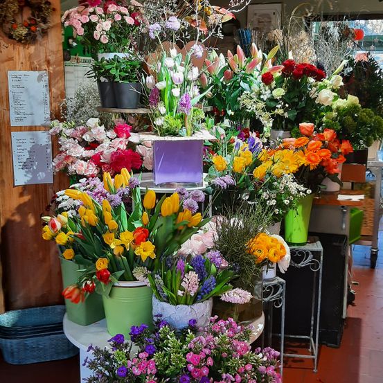 Ein Blumenladen zeigt eine Auswahl an bunten Blumen, darunter Rosen, Tulpen und Gänseblümchen. Sie sind in verschiedenen Vasen und Töpfen arrangiert, einige mit grünen Blättern.