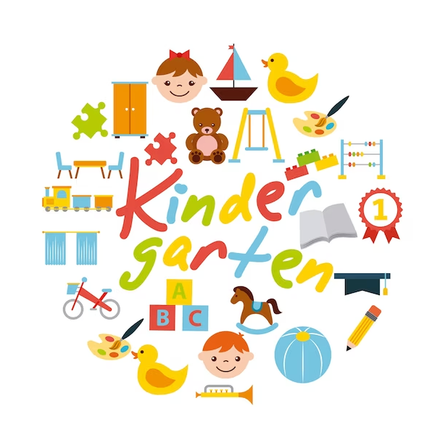 Illustration eines Kreises mit Kindergarten-Ikonen, darunter ein Zug, ein Teddybär, ein Segelboot, ein Puzzle, ein Buch, ein Pinsel, ein Schaukelpferd, eine Trompete, ein Fahrrad, ein Stuhl, ein Schrank, eine Rutsche, eine Mütze und der Text 'Kindergarten'.