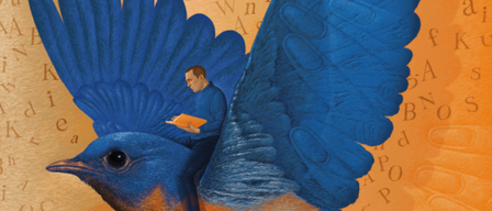 Eine Illustration eines Mannes, der ein Buch liest, sitzt auf dem Flügel eines Blauvogels, vor einem Hintergrund verstreuter Buchstaben.