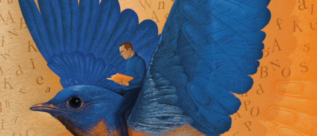 Eine Illustration eines Mannes, der ein Buch liest, sitzt auf dem Flügel eines Blauvogels, vor einem Hintergrund verstreuter Buchstaben.