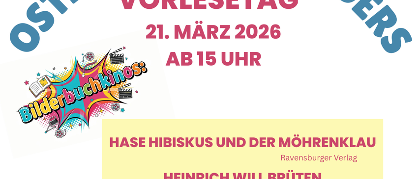 Poster for a special Easter event, including the title 'Once Again Anders', event date of March 21, 2026, and time of 3 PM. Two books are featured: 'Hase Hibiscus and the Möhrenkelau' by Ravensburger Verlag and 'Heinrich will Brüten' by Magellan. Colorful Easter eggs decorate the bottom.