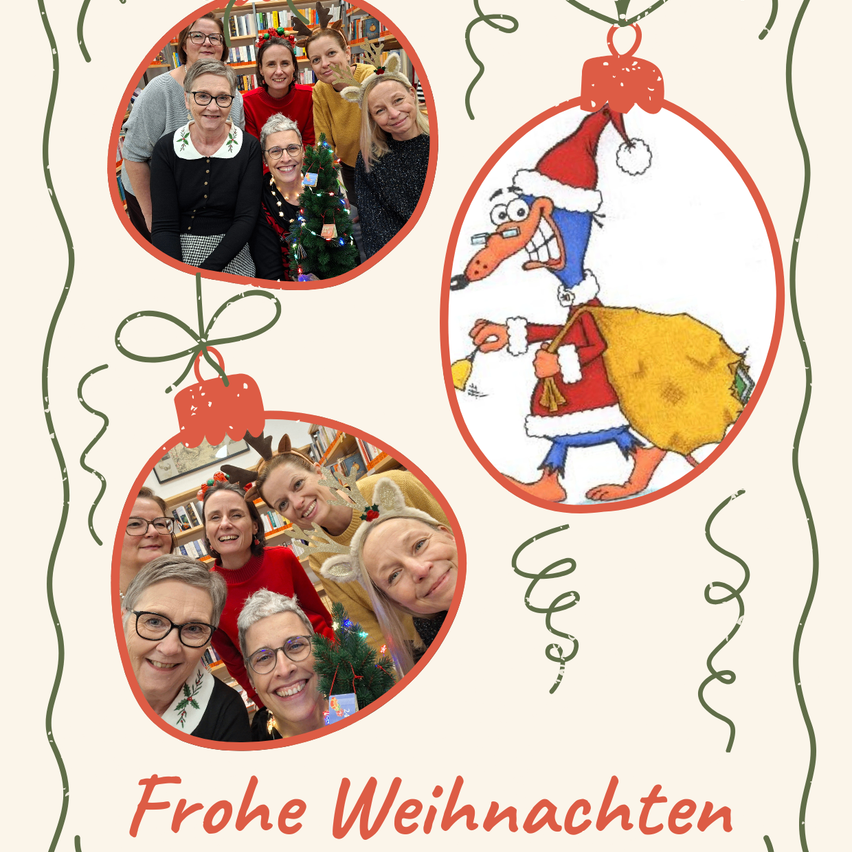 Drei Collagen von Frauen in festlichen Umgebungen mit einer Santa-Illustration. Die Bildunterschrift lautet 'Frohe Weihnachten'.